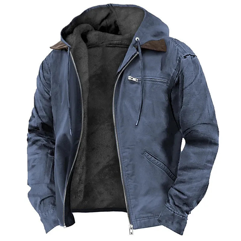 Men's Winter Jacket – Casual Hooded Zipper Fleece With Multiple Pockets, Thick Cotton Polyester Coat - ZOOMNSTORE