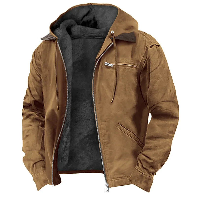 Men's Winter Jacket – Casual Hooded Zipper Fleece With Multiple Pockets, Thick Cotton Polyester Coat - ZOOMNSTORE