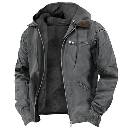 Men's Winter Jacket – Casual Hooded Zipper Fleece With Multiple Pockets, Thick Cotton Polyester Coat - ZOOMNSTORE