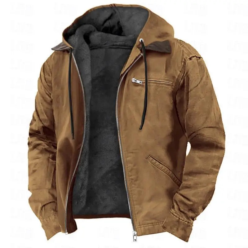 Men's Winter Jacket – Casual Hooded Zipper Fleece With Multiple Pockets, Thick Cotton Polyester Coat - ZOOMNSTORE