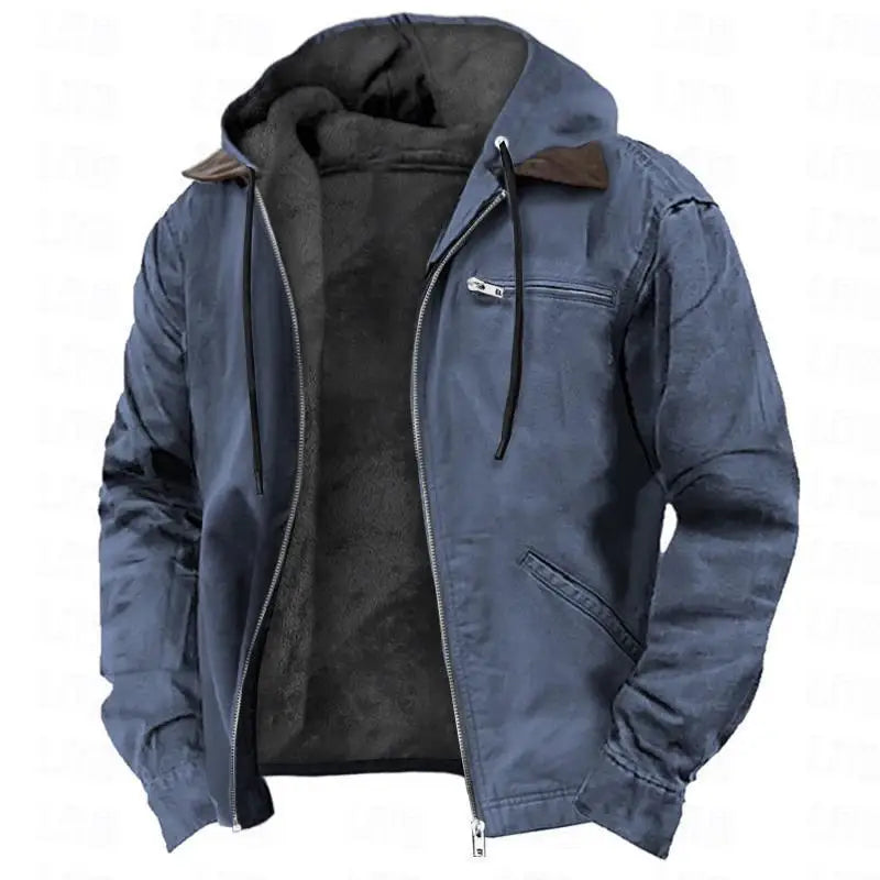 Men's Winter Jacket – Casual Hooded Zipper Fleece With Multiple Pockets, Thick Cotton Polyester Coat - ZOOMNSTORE