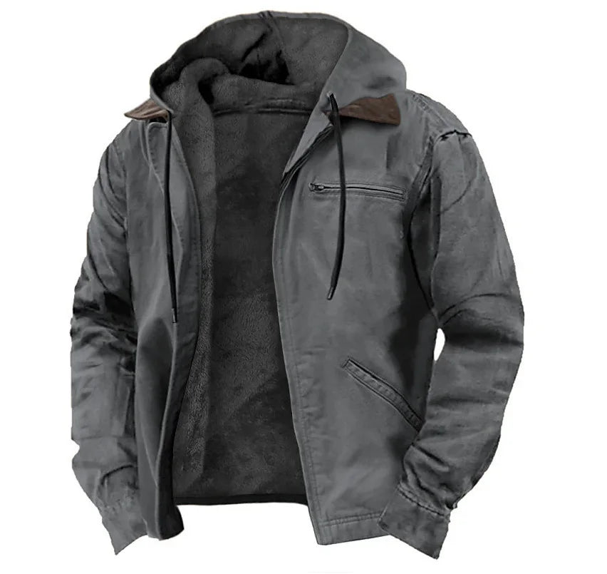 Men's Winter Jacket – Casual Hooded Zipper Fleece With Multiple Pockets, Thick Cotton Polyester Coat - ZOOMNSTORE