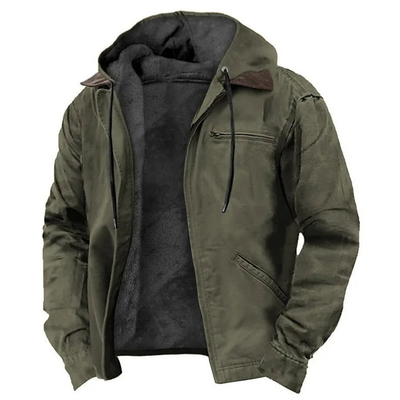 Men's Winter Jacket – Casual Hooded Zipper Fleece With Multiple Pockets, Thick Cotton Polyester Coat - ZOOMNSTORE