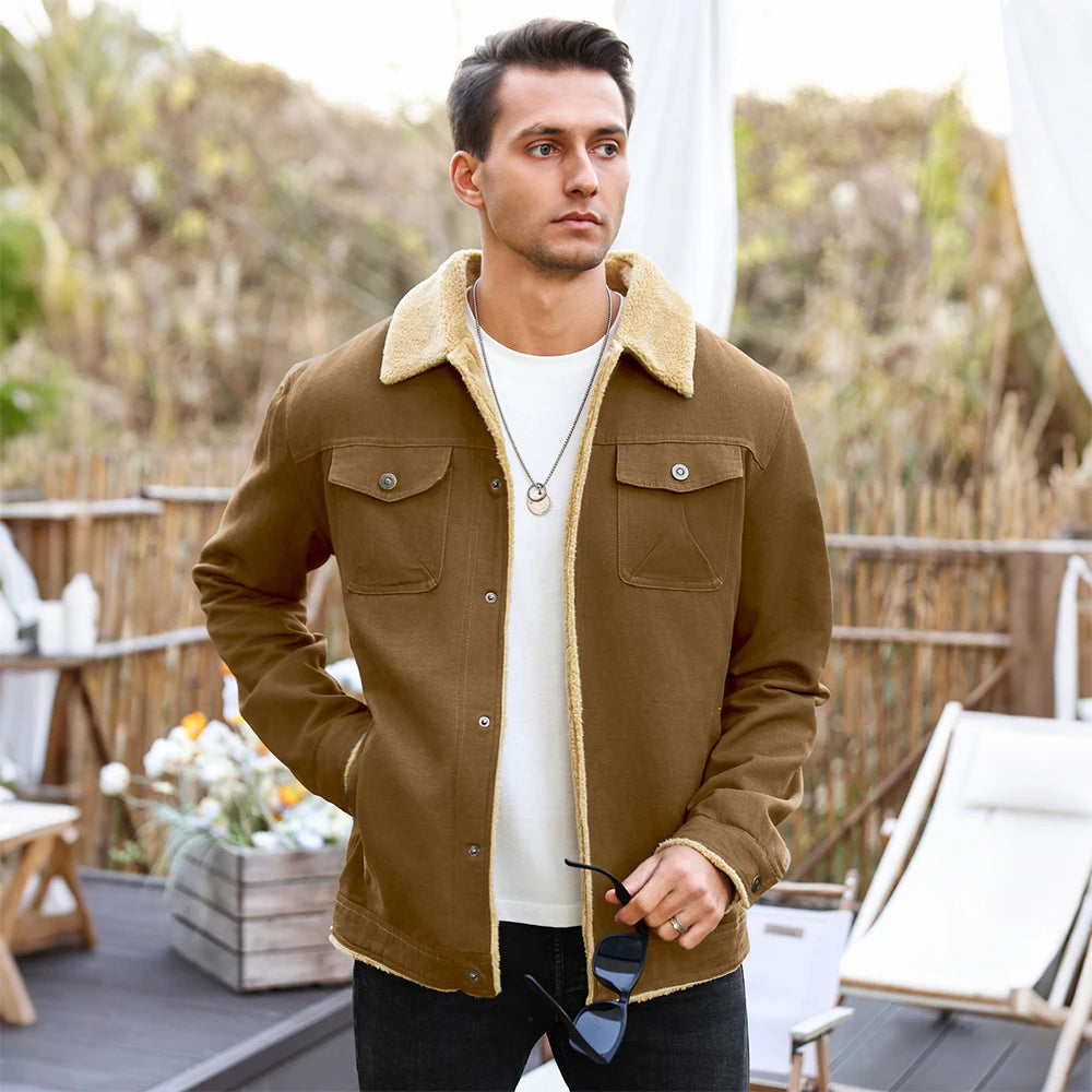 Men's Winter Jacket - Faux Shearling Coat | Windproof Warm Black Buttoned Parka - ZOOMNSTORE