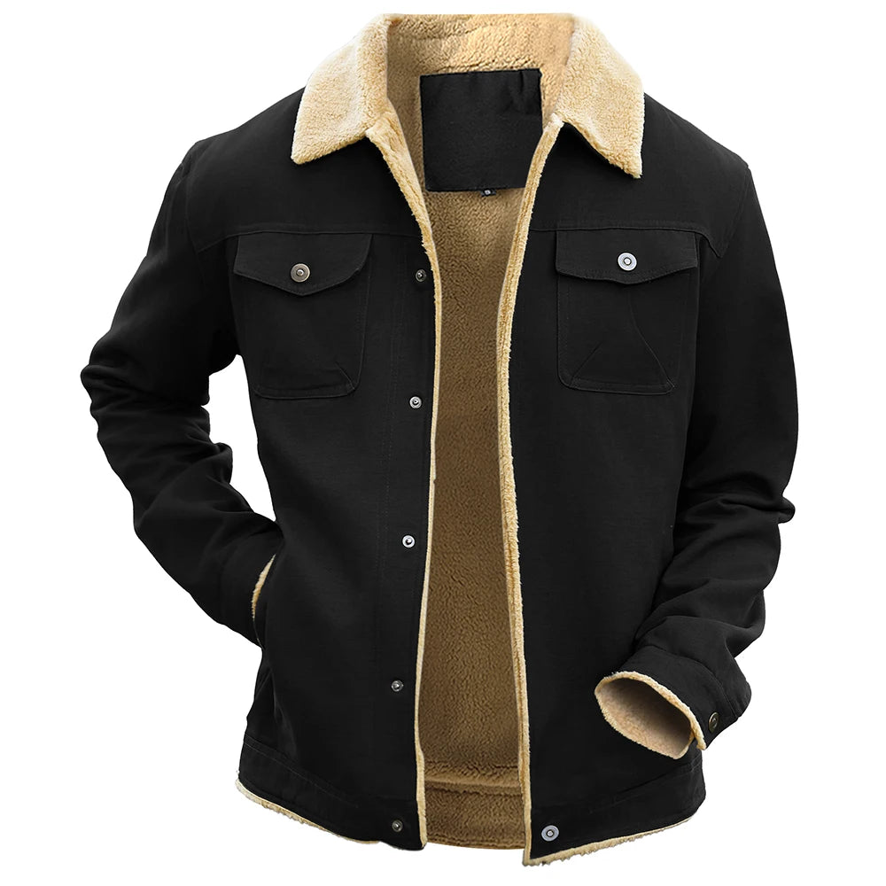 Men's Winter Jacket - Faux Shearling Coat | Windproof Warm Black Buttoned Parka - ZOOMNSTORE