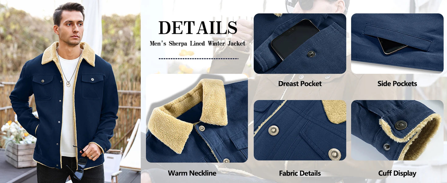 Men's Winter Jacket - Faux Shearling Coat | Windproof Warm Black Buttoned Parka - ZOOMNSTORE