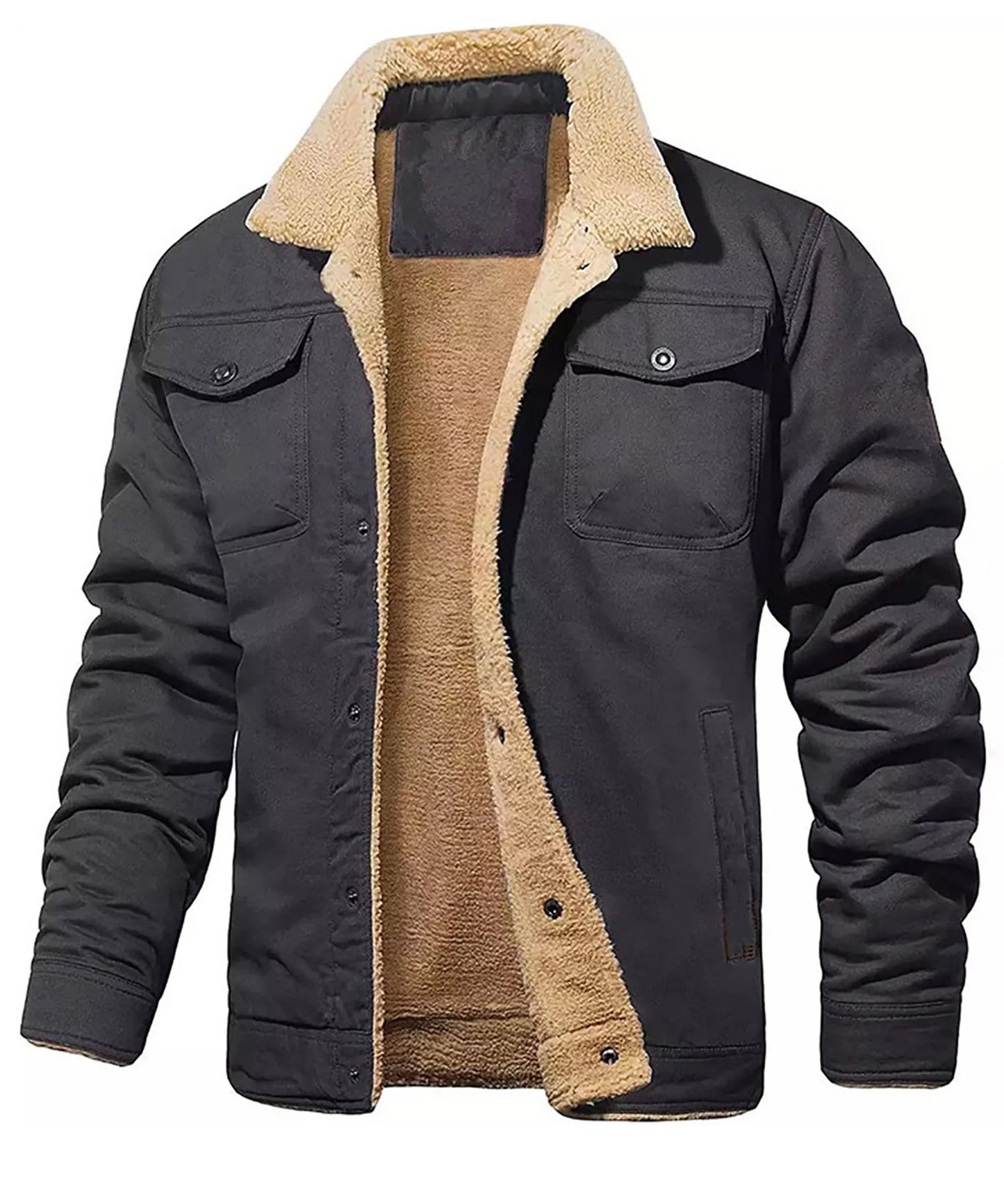 Men's Winter Jacket - Faux Shearling Coat | Windproof Warm Black Buttoned Parka - ZOOMNSTORE