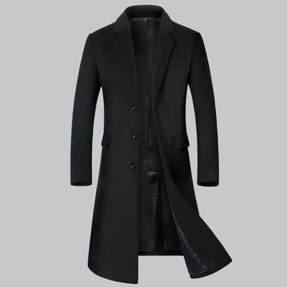 Men's Wool Coat - Thick Cotton Winter Trench Coat | Long Overcoat With Turn-Down Collar - ZOOMNSTORE