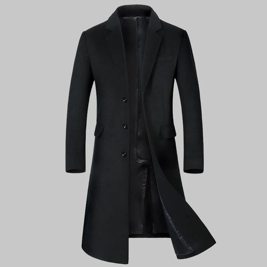 Men's Wool Coat - Thick Cotton Winter Trench Coat | Long Overcoat With Turn-Down Collar - ZOOMNSTORE