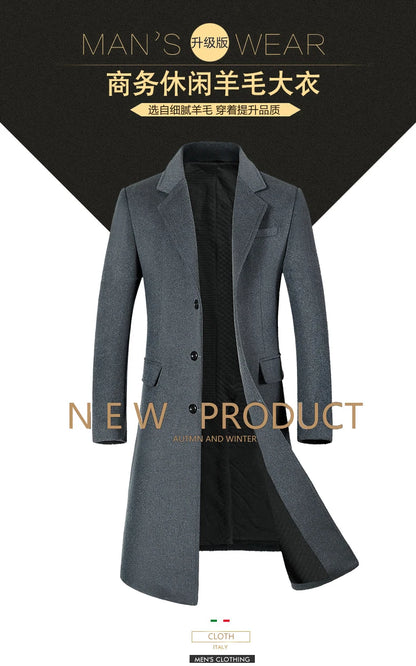 Men's Wool Coat - Thick Cotton Winter Trench Coat | Long Overcoat With Turn-Down Collar - ZOOMNSTORE