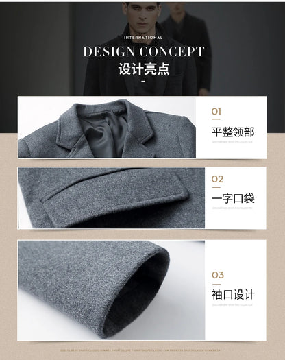 Men's Wool Coat - Thick Cotton Winter Trench Coat | Long Overcoat With Turn-Down Collar - ZOOMNSTORE