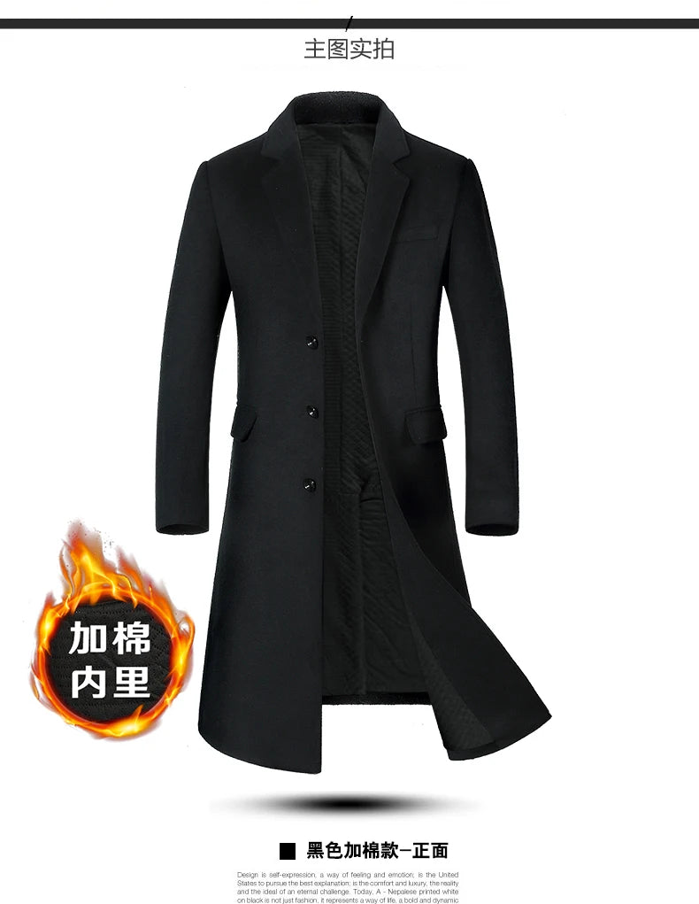 Men's Wool Coat - Thick Cotton Winter Trench Coat | Long Overcoat With Turn-Down Collar - ZOOMNSTORE