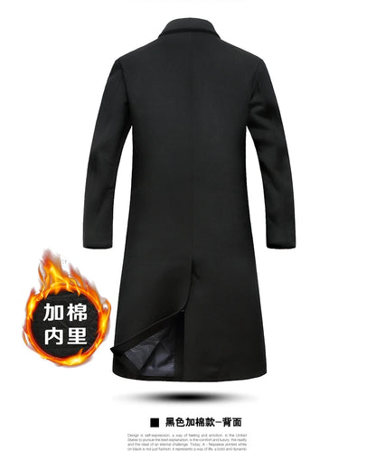Men's Wool Coat - Thick Cotton Winter Trench Coat | Long Overcoat With Turn-Down Collar - ZOOMNSTORE