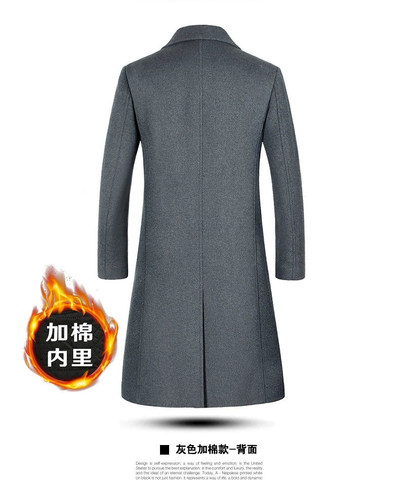 Men's Wool Coat - Thick Cotton Winter Trench Coat | Long Overcoat With Turn-Down Collar - ZOOMNSTORE