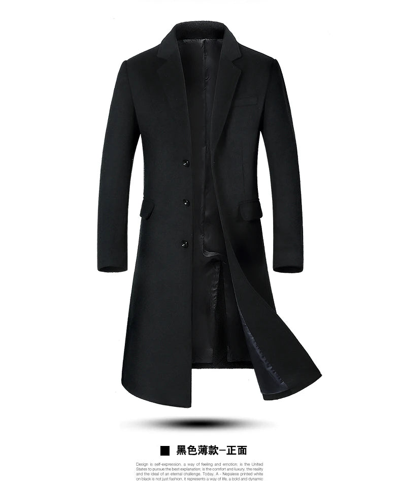 Men's Wool Coat - Thick Cotton Winter Trench Coat | Long Overcoat With Turn-Down Collar - ZOOMNSTORE