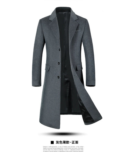 Men's Wool Coat - Thick Cotton Winter Trench Coat | Long Overcoat With Turn-Down Collar - ZOOMNSTORE