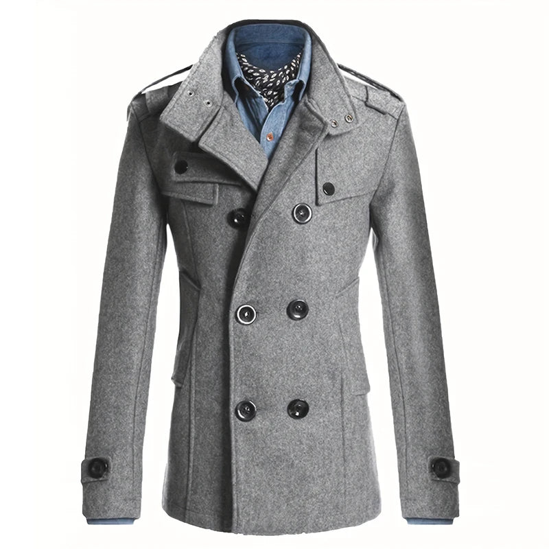 Men's Woolen Coat - Mid-Length Streetwear Jacket With Double Breasted Buttons - ZOOMNSTORE