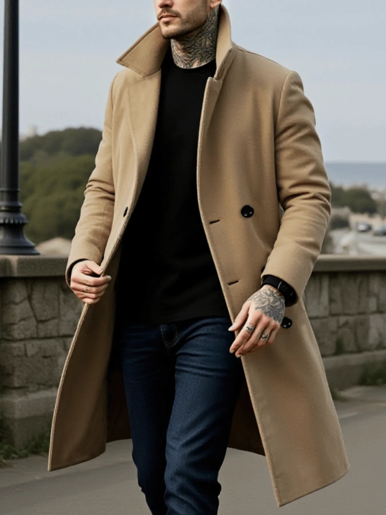 Men's Woolen Coat - Winter Mid-Length Double Breasted Jacket With Polyester Lining - ZOOMNSTORE