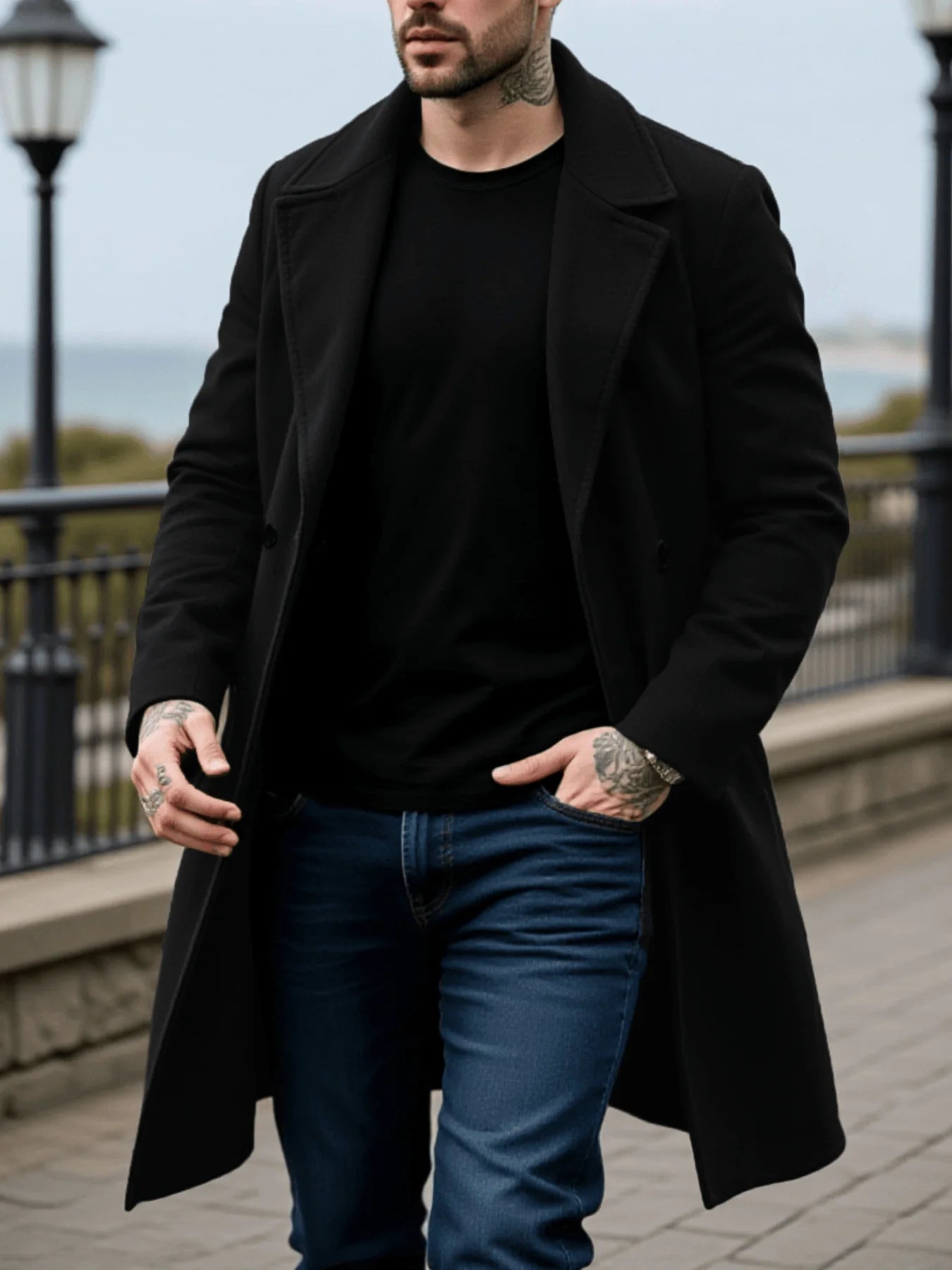 Men's Woolen Coat - Winter Mid-Length Double Breasted Jacket With Polyester Lining - ZOOMNSTORE