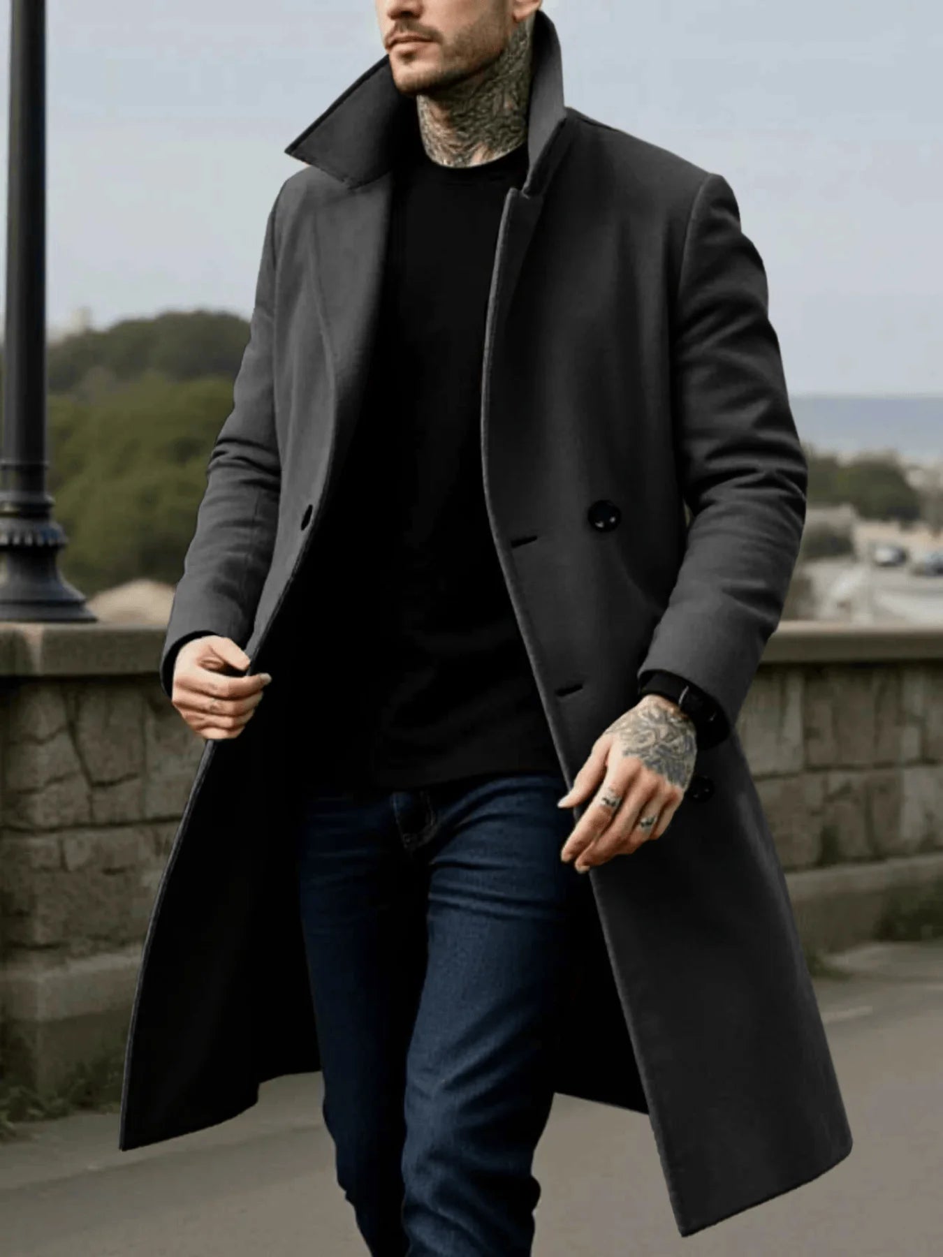 Men's Woolen Coat - Winter Mid-Length Double Breasted Jacket With Polyester Lining - ZOOMNSTORE