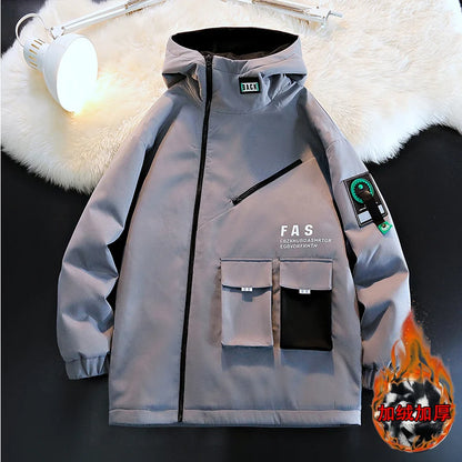 Zipper Jacket Men's Pilot Hooded Jacket Spring/Autumn Baseball Uniform Tide Card Loose Pullover Front Pocket Adding velvet Coat - ZOOMNSTORE