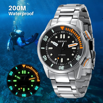 Mens Automatic Dive Watch - Super Luminous 20ATM Sapphire Mechanical Wristwatch - ZOOMNSTORE