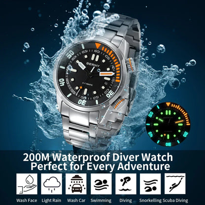 Mens Automatic Dive Watch - Super Luminous 20ATM Sapphire Mechanical Wristwatch - ZOOMNSTORE