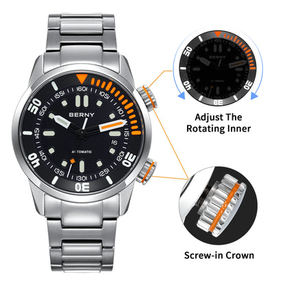 Mens Automatic Dive Watch - Super Luminous 20ATM Sapphire Mechanical Wristwatch - ZOOMNSTORE