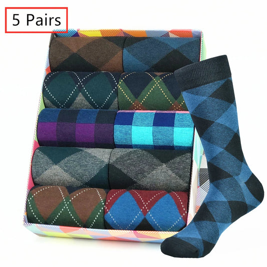 Mens Black Argyle Crew Socks - 5 Pairs Funny Cotton Dress Socks - ZOOMNSTORE