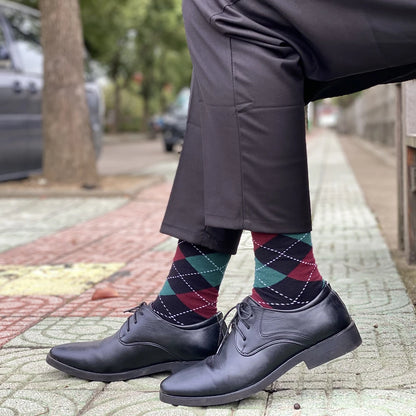 Mens Black Argyle Crew Socks - 5 Pairs Funny Cotton Dress Socks - ZOOMNSTORE