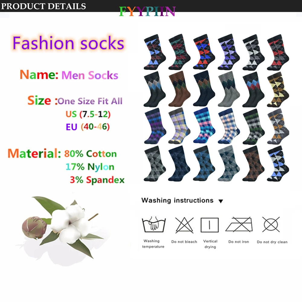 Mens Black Argyle Crew Socks - 5 Pairs Funny Cotton Dress Socks - ZOOMNSTORE