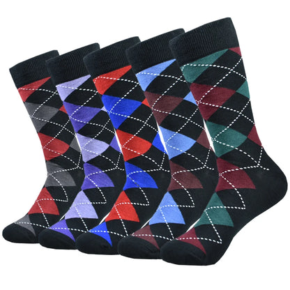 Mens Black Argyle Crew Socks - 5 Pairs Funny Cotton Dress Socks - ZOOMNSTORE