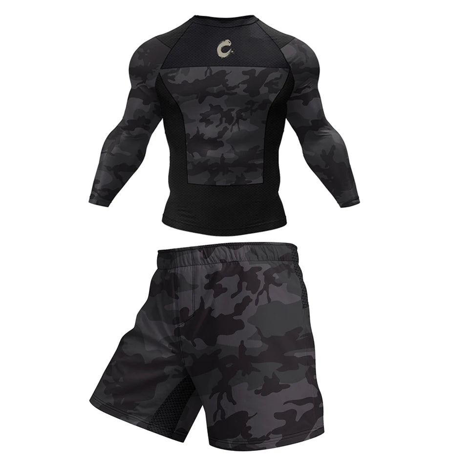 Mens Black No Gi BJJ Jiu Jitsu Set - MMA Shorts  Compression Rashguard - ZOOMNSTORE