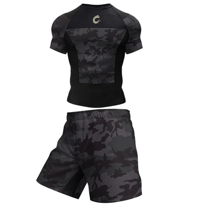 Mens Black No Gi BJJ Jiu Jitsu Set - MMA Shorts  Compression Rashguard - ZOOMNSTORE