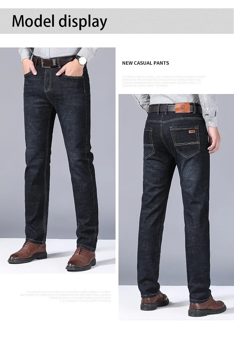 Mens Black Straight Denim Biker Jeans - Classic Business Casual Pants - ZOOMNSTORE