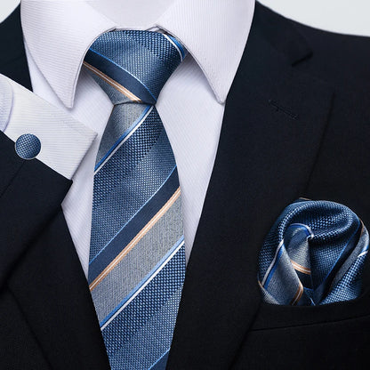 Mens Blue Gold Tie  Pocket Square Set - Wedding  Party Accessories - ZOOMNSTORE