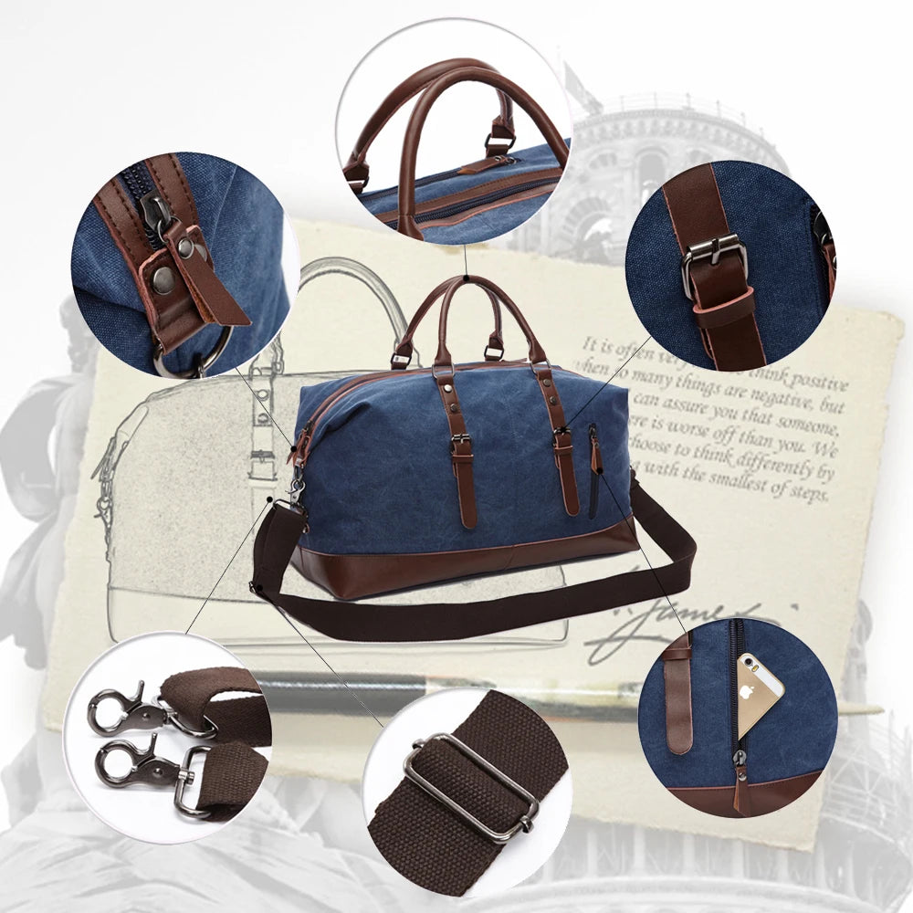 Mens Canvas Leather Duffel Bag - Travel Tote  Weekend Luggage - ZOOMNSTORE