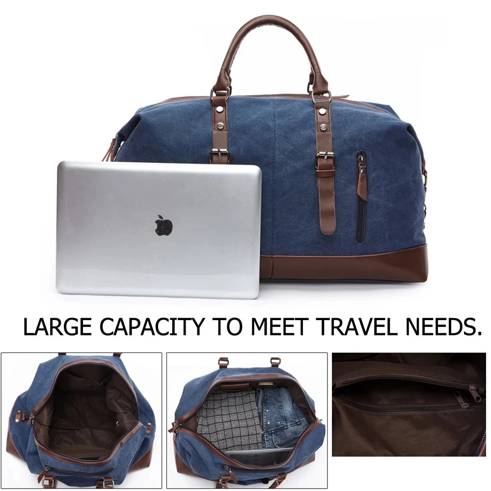Mens Canvas Leather Duffel Bag - Travel Tote  Weekend Luggage - ZOOMNSTORE