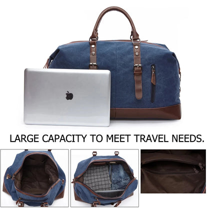 Mens Canvas Leather Duffel Bag - Travel Tote  Weekend Luggage - ZOOMNSTORE