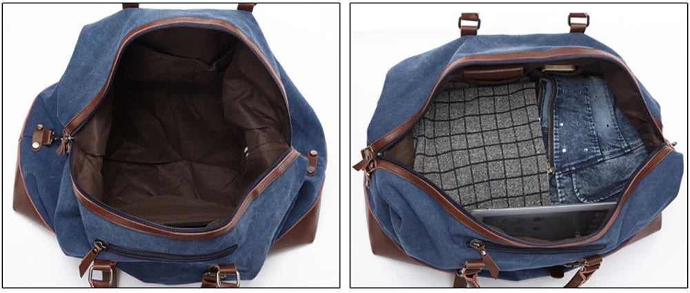 Mens Canvas Leather Duffel Bag - Travel Tote  Weekend Luggage - ZOOMNSTORE
