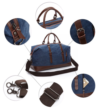 Mens Canvas Leather Duffel Bag - Travel Tote  Weekend Luggage - ZOOMNSTORE