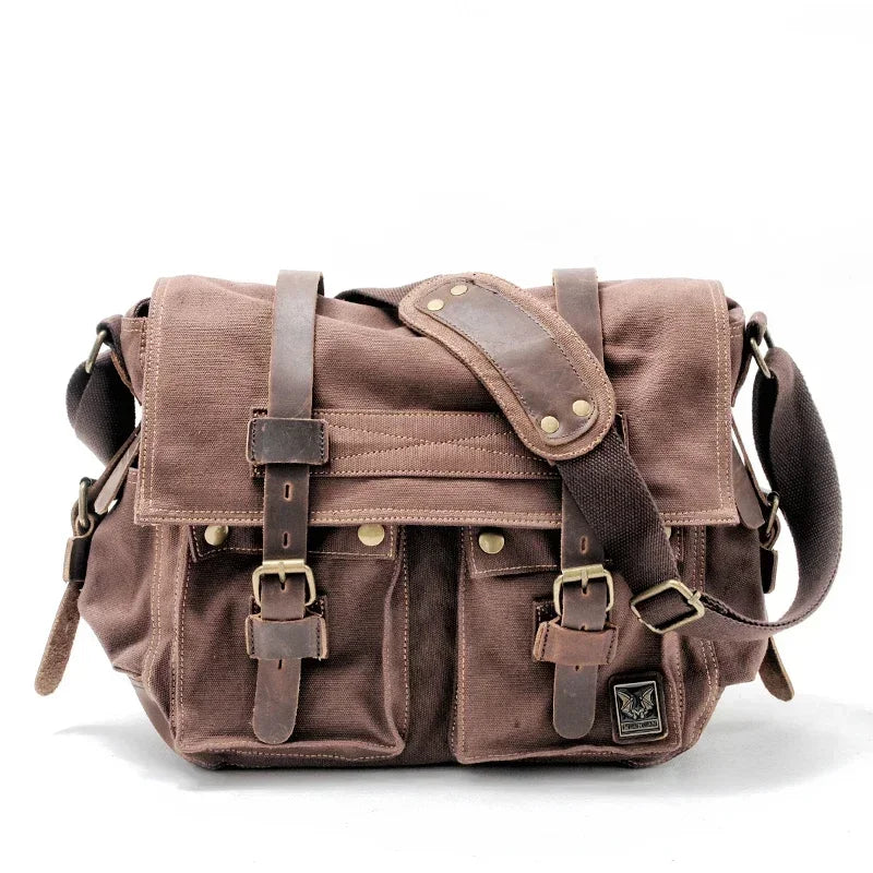 Mens Canvas Leather Messenger Bag - Large Satchel Shoulder Briefcase for Travel and Laptops - ZOOMNSTORE