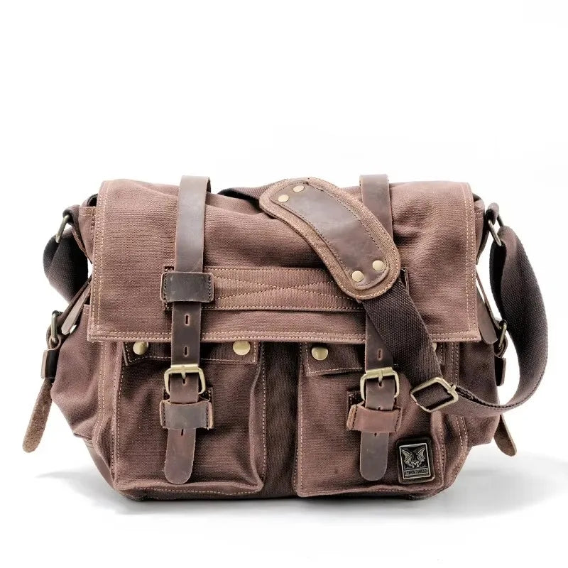 Mens Canvas Leather Messenger Bag - Large Satchel Shoulder Briefcase for Travel and Laptops - ZOOMNSTORE