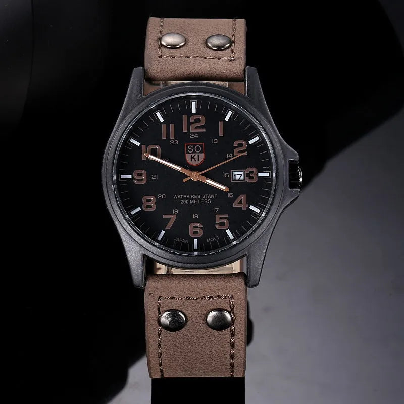 Mens Casual Wristwatch - Quartz Leather Strap Shock Resistant Calendar Watch - ZOOMNSTORE