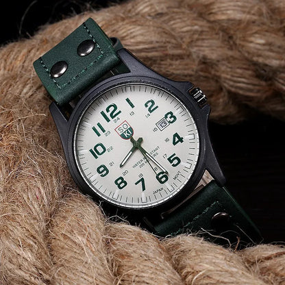 Mens Casual Wristwatch - Quartz Leather Strap Shock Resistant Calendar Watch - ZOOMNSTORE