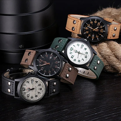 Mens Casual Wristwatch - Quartz Leather Strap Shock Resistant Calendar Watch - ZOOMNSTORE