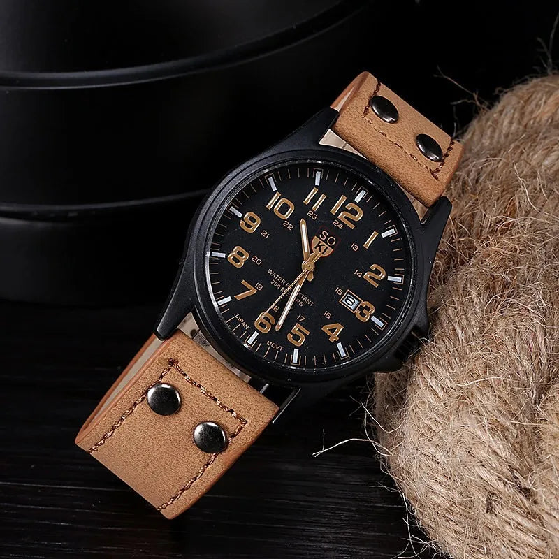 Mens Casual Wristwatch - Quartz Leather Strap Shock Resistant Calendar Watch - ZOOMNSTORE