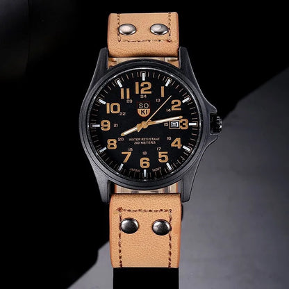 Mens Casual Wristwatch - Quartz Leather Strap Shock Resistant Calendar Watch - ZOOMNSTORE