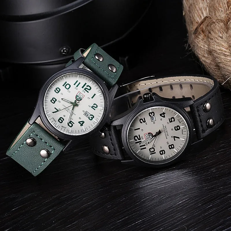 Mens Casual Wristwatch - Quartz Leather Strap Shock Resistant Calendar Watch - ZOOMNSTORE
