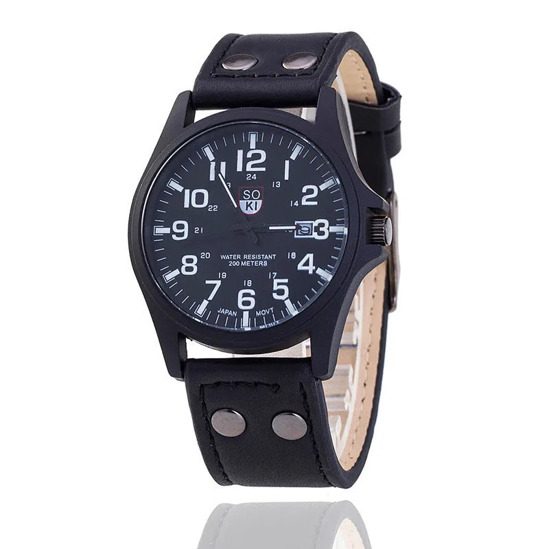 Mens Casual Wristwatch - Quartz Leather Strap Shock Resistant Calendar Watch - ZOOMNSTORE